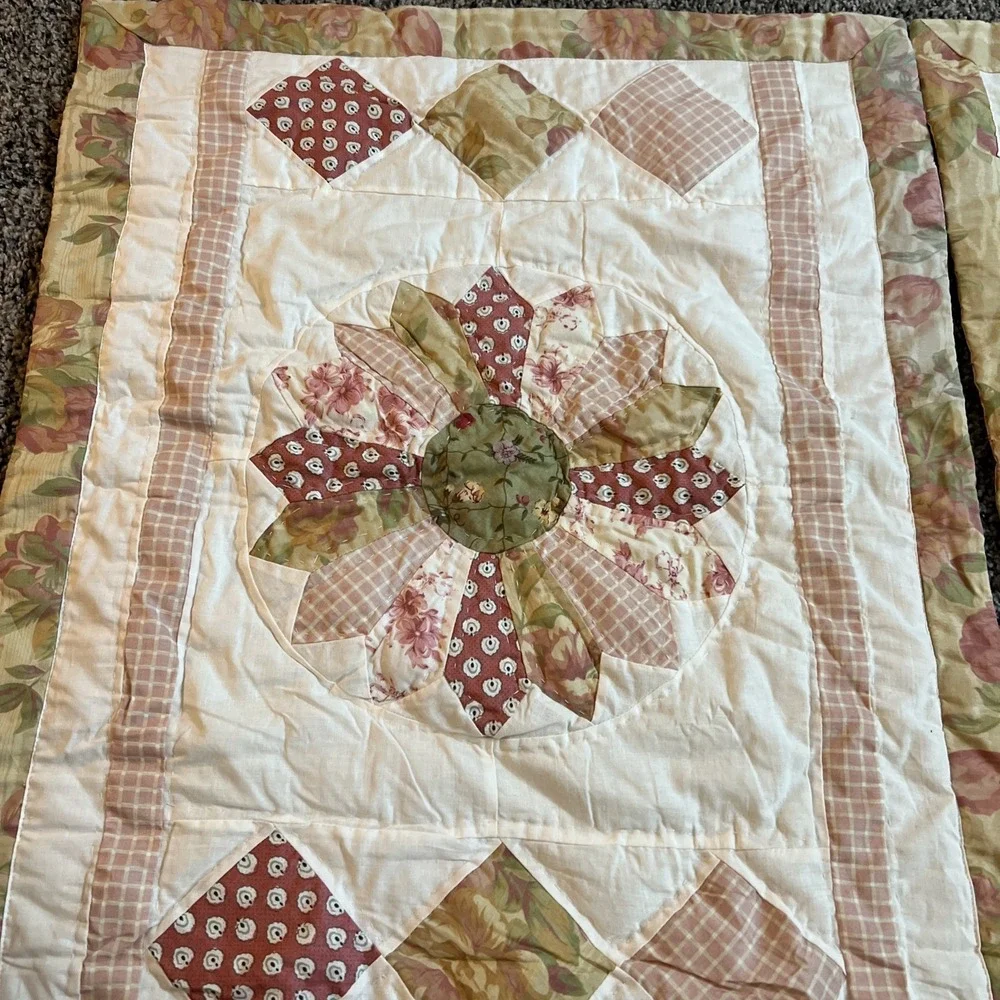2 Vintage quilted twin size pillow shams‎ pink Green, White Floral & Plaid